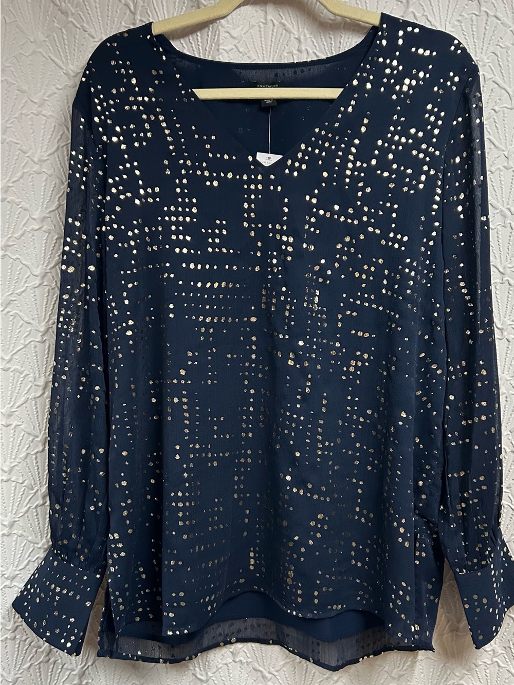 NWT Ann Taylor Navy Blouse with Gold Dots
